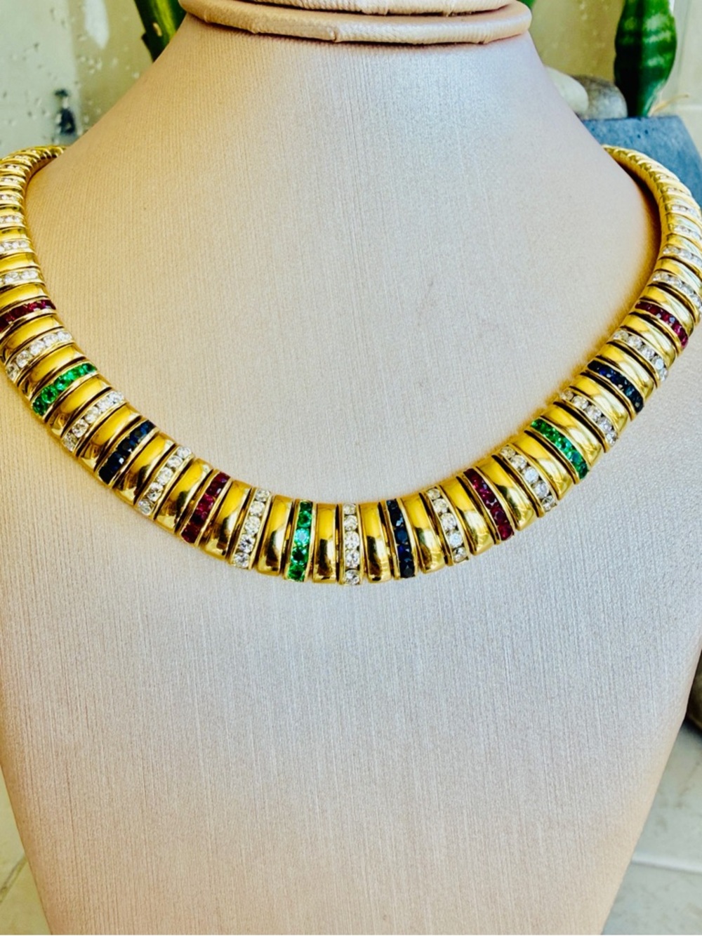 SOLD
 gold 8.5 carat diamond, emerald, ruby, sapphire necklace